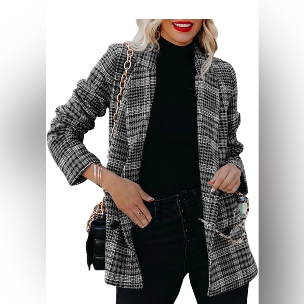 Taodou Women's Casual Blazers Woolen Plaid Blazer Lapel Button Pocket Jackets